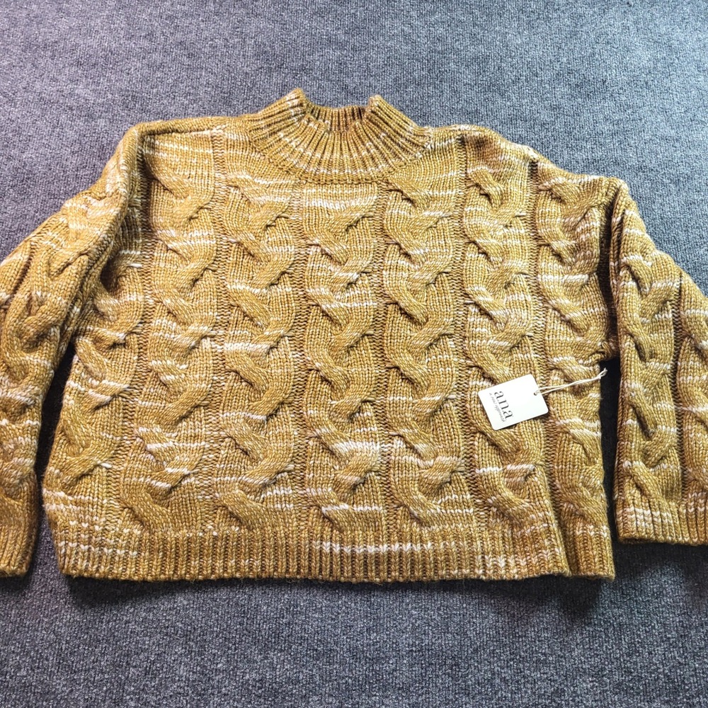 a.n.a Women's XXL Cable Knit Mock Neck Sweater Gold White Acrylic Blend‎